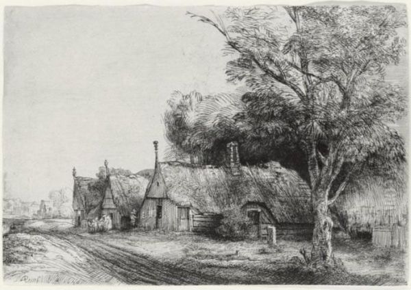 Three Gabled Cottages Beside A Road (b., Holl. 217; H. 246; Bb. 50-d) Oil Painting by Rembrandt Van Rijn