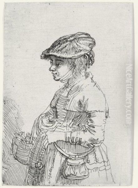 Girl With A Basket (b., Holl. 356; H. 195; Bb. 42-3) Oil Painting by Rembrandt Van Rijn