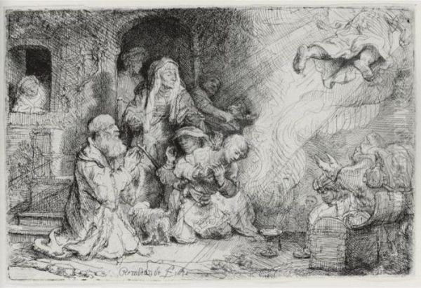 The Angel Departing From The Family Of Tobias (b., Holl. 43; H. 185; Bb. 41-g) Oil Painting by Rembrandt Van Rijn