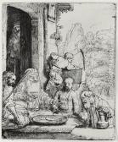 Abraham Entertaining The Angels (b., Holl. 29; H. 286; Bb. 56-b) Oil Painting by Rembrandt Van Rijn