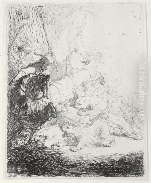 The Small Lion Hunt (b., Holl. 115; H. 180; Bb. 41-3) Oil Painting by Rembrandt Van Rijn