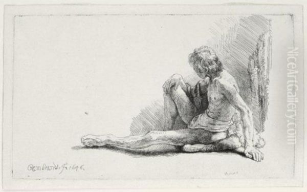 A Nude Man Seated On The Ground 
With One Leg Extended (b. 196, Holl. 196; H. 221; Bb. 46c) Oil Painting by Rembrandt Van Rijn