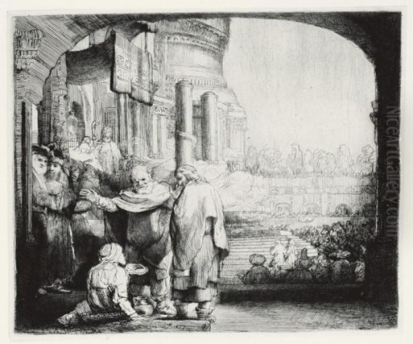 Peter And John Healing The 
Cripple At The Gate Of The Temple (b., Holl. 94; H. 301; Bb. 59-a) Oil Painting by Rembrandt Van Rijn