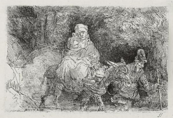 The Flight Into Egypt; Crossing A Brook (b., Holl. 55; H. 276; Bb. 54-d) Oil Painting by Rembrandt Van Rijn