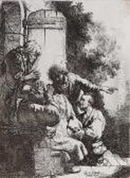 Joseph's Coat Brought To Jacob (bartsch 38) Oil Painting by Rembrandt Van Rijn