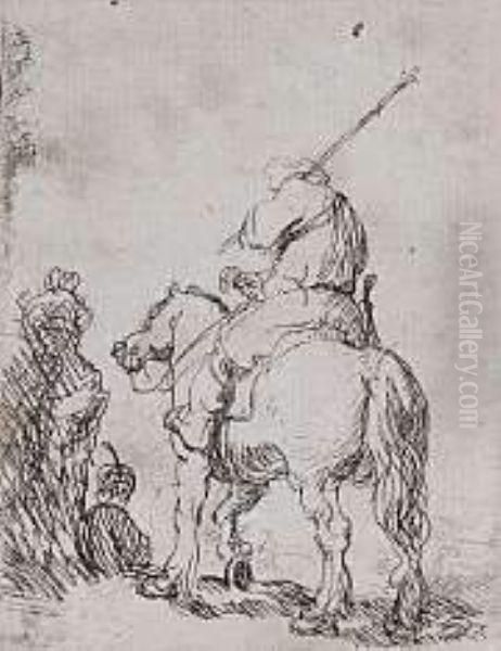 Turbaned Soldier On Horseback (bartsch 139) Oil Painting by Rembrandt Van Rijn