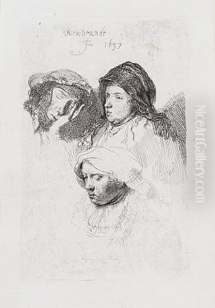 Three Heads Of Women, One Asleep (bartsch 368) Oil Painting by Rembrandt Van Rijn