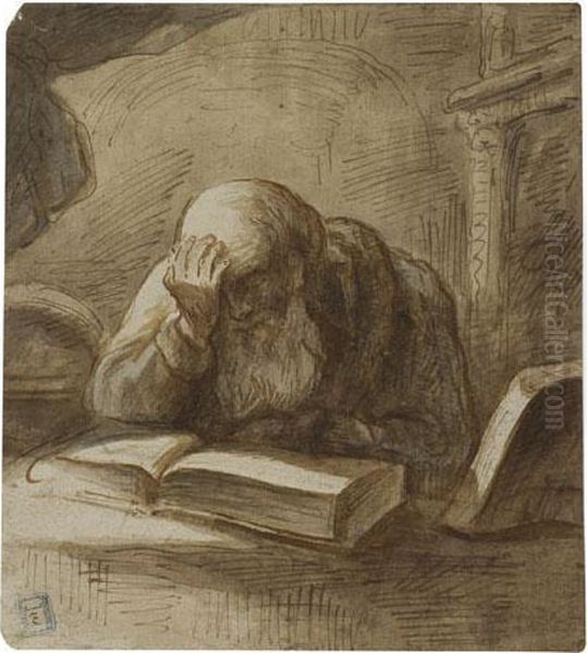 An Old Scholar Seated At A Desk Reading Oil Painting by Rembrandt Van Rijn