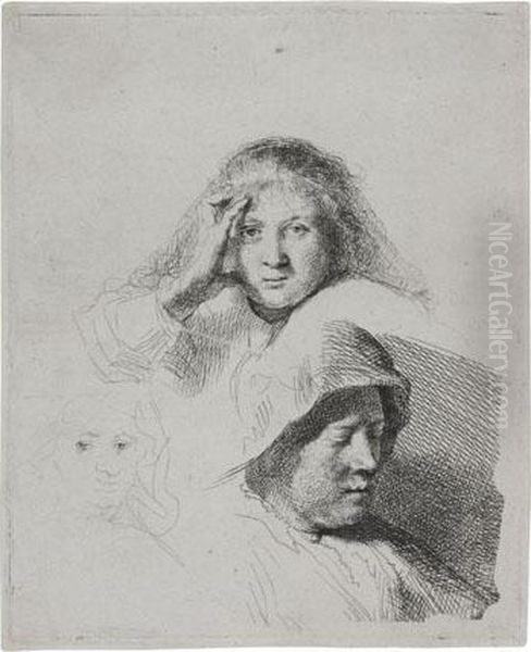 Three Heads Of Women, One Lightly Etched Oil Painting by Rembrandt Van Rijn