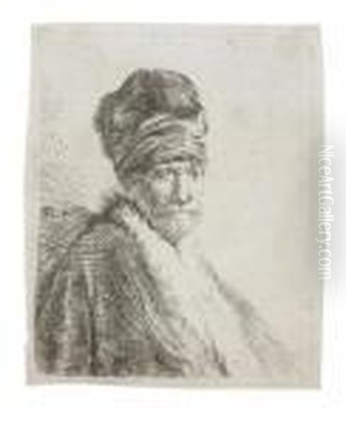 Bust Of A Man Wearing A High Cap, Three-quarters Right (theartist's Father ?) Oil Painting by Rembrandt Van Rijn