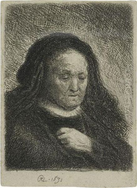 The Artist's Mother With Her Hand On Her Chest: Smallbust Oil Painting by Rembrandt Van Rijn