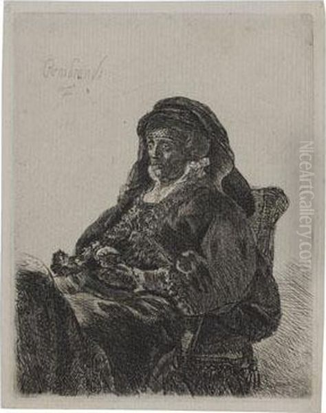 The Artist's Mother Seated, In Widow's Dress And Blackgloves Oil Painting by Rembrandt Van Rijn