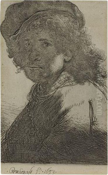 Self Portrait In A Cap And Scarf With The Face Dark:bust Oil Painting by Rembrandt Van Rijn