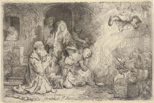 The Angel Departing From The Family Of Tobias Oil Painting by Rembrandt Van Rijn