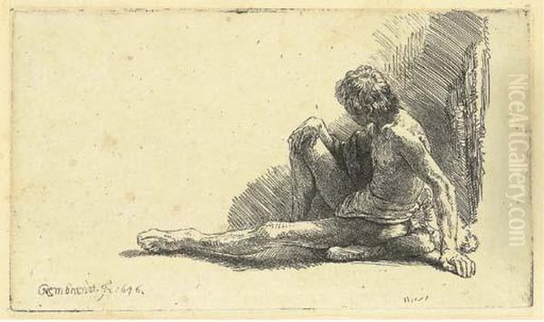 A Nude Man Seated On The Ground With One Leg Extended Oil Painting by Rembrandt Van Rijn