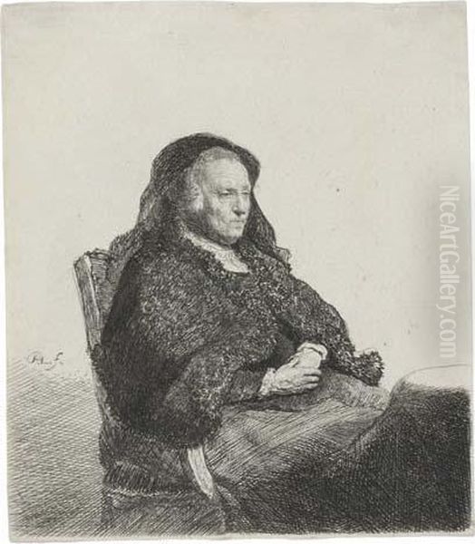 The Artist's Mother Seated At A Table Looking Right Oil Painting by Rembrandt Van Rijn