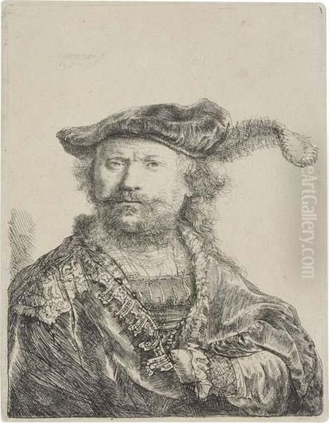 Self Portrait In A Velvet Cap With Plume Oil Painting by Rembrandt Van Rijn