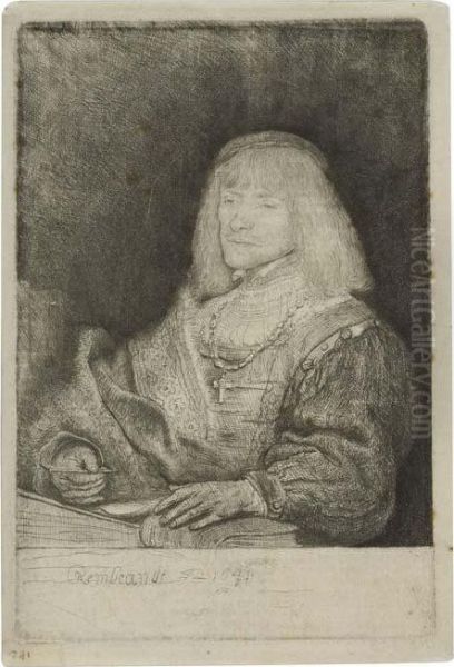 Man At A Desk Wearing A Cross And A Chain. Oil Painting by Rembrandt Van Rijn