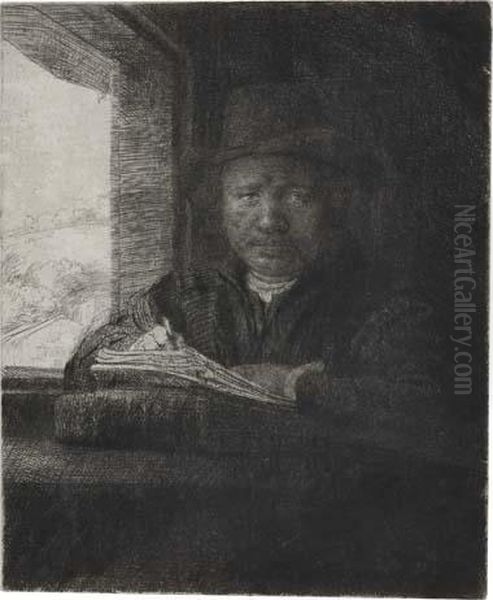 Self Portrait Drawing At A Window Oil Painting by Rembrandt Van Rijn