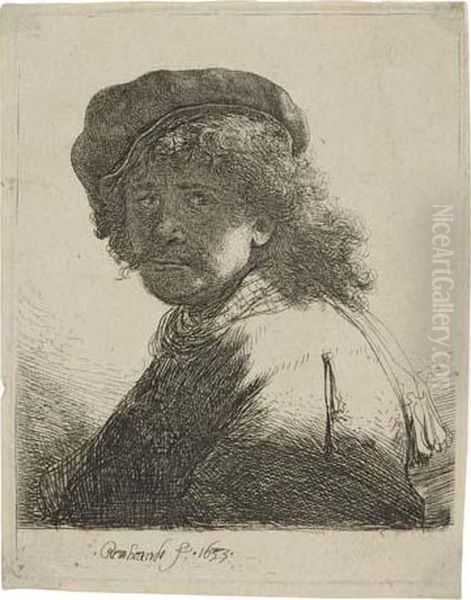 Self Portrait In A Cap And Scarf With The Face Dark:bust Oil Painting by Rembrandt Van Rijn