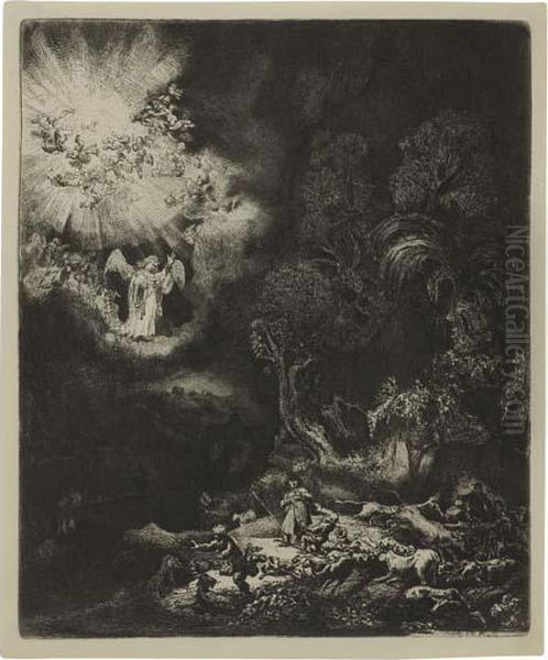 The Angel Appearing To The Shepherds Oil Painting by Rembrandt Van Rijn