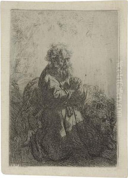 St. Jerome Kneeling In Prayer, Looking Down Oil Painting by Rembrandt Van Rijn