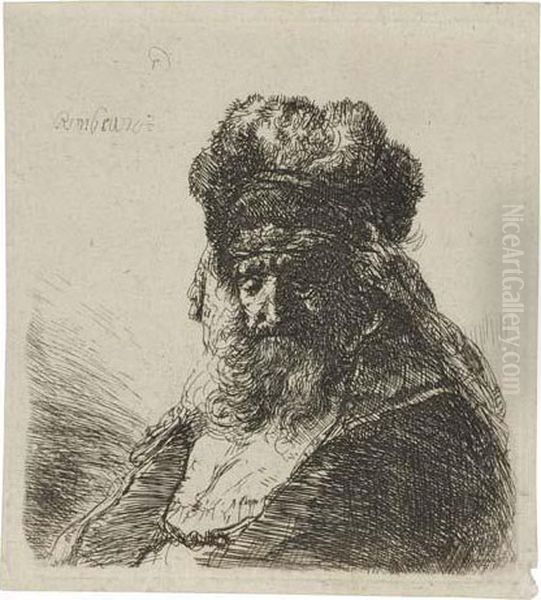 Old Bearded Man In A High Fur Cap, With Eyes Closed Oil Painting by Rembrandt Van Rijn