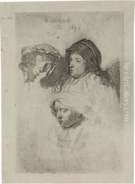 Three Heads Of Women, One Asleep Oil Painting by Rembrandt Van Rijn