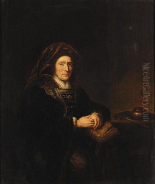 Interior With An Elderly Lady 
Seated Beside A Table Holding A Book And A Pair Of Pince-nez Oil Painting by Rembrandt Van Rijn