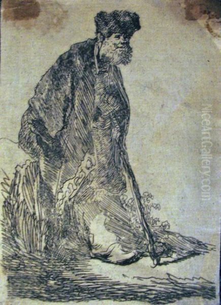 Man In A Coat And Fur Cap Leaning Against A Bank Oil Painting by Rembrandt Van Rijn