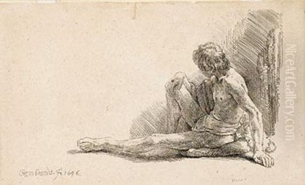 Nude Man Seated On The Ground With One Leg Extended Oil Painting by Rembrandt Van Rijn