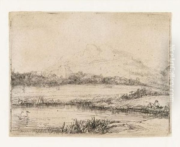 Canal With An Angler And Two Swans Oil Painting by Rembrandt Van Rijn