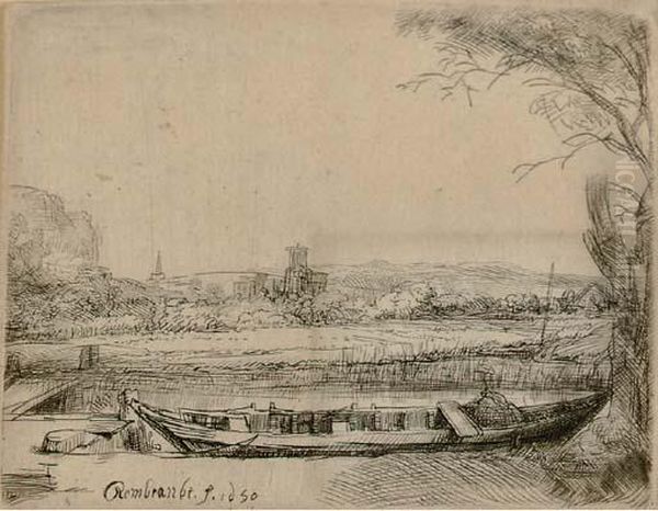 Canal With A Large Boat And Bridge Oil Painting by Rembrandt Van Rijn