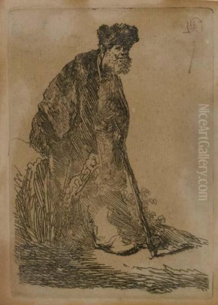 Man In A Coat And Fur Cap Leaning Against A Bank Oil Painting by Rembrandt Van Rijn