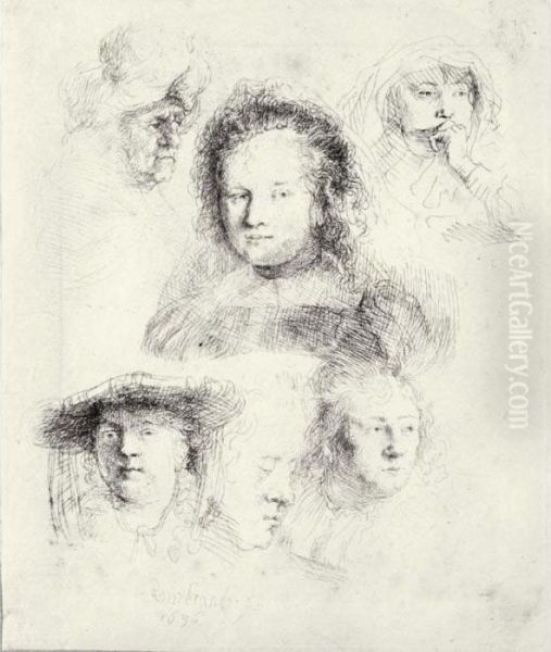 Studies Of The Head Of Saskia And Others Oil Painting by Rembrandt Van Rijn