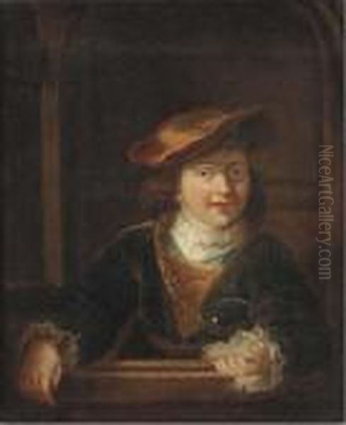 A Boy In A Cap Wearing A Gold Chain Holding A Bubble, At Acasement Oil Painting by Rembrandt Van Rijn