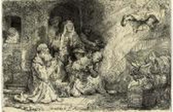 The Angel Departing From The Family Of Tobias (b., Holl. 43; H. 185) Oil Painting by Rembrandt Van Rijn