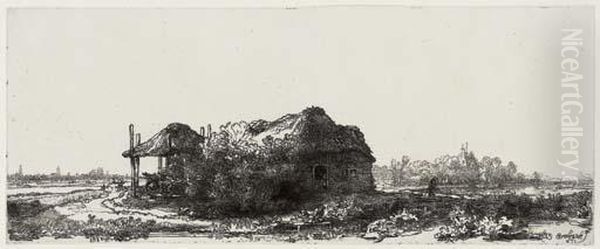 Landscape With A Cottage And Haybarn: Oblong Oil Painting by Rembrandt Van Rijn