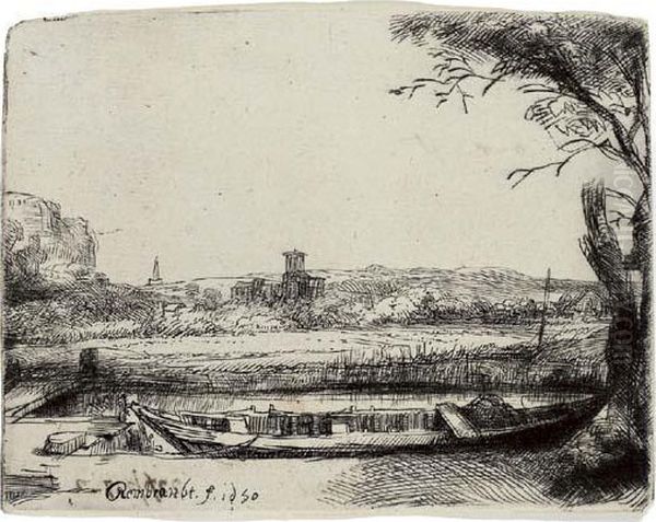 A Canal With A Large Boat And Bridge Oil Painting by Rembrandt Van Rijn