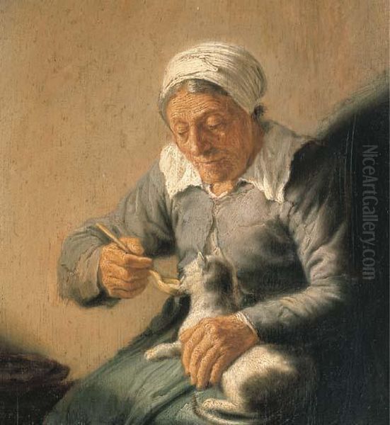 An Old Peasant Woman Feeding A Cat Milk Oil Painting by Rembrandt Van Rijn