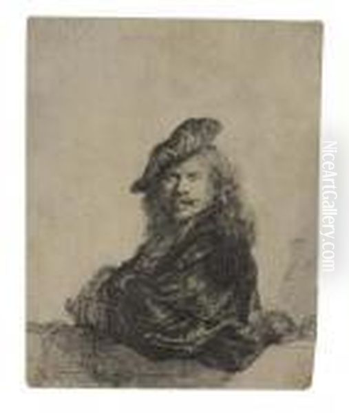 Self Portrait Leaning On A Stone Sill. Oil Painting by Rembrandt Van Rijn