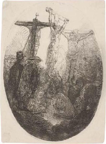 Christ Crucified Between The Two Thieves: An Ovalplate Oil Painting by Rembrandt Van Rijn