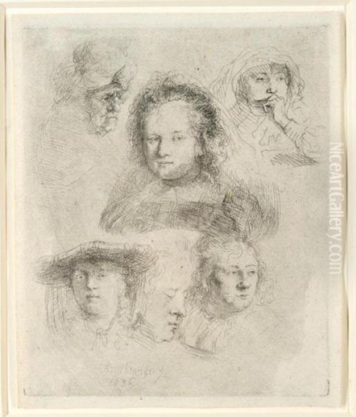 Studies Of The Head Of Saskia And Others (b., Holl.365; H.145; Bb.36-b) Oil Painting by Rembrandt Van Rijn