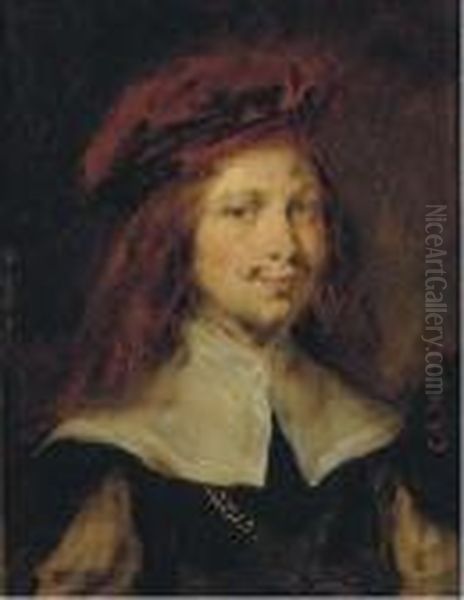 Portrait Of A Gentleman, Bust 
Length, Wearing A Red Cap; Andportrait Of A Lady, Bust-length, Wearing 
Pearl Earrings Oil Painting by Rembrandt Van Rijn