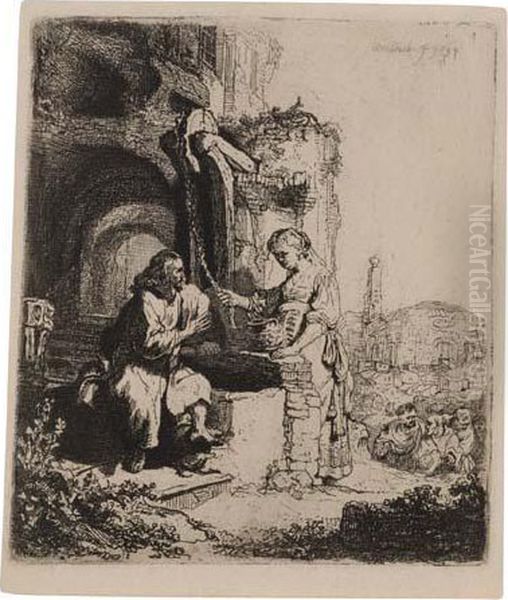 Christ And The Woman Of Samaria Among Ruins Oil Painting by Rembrandt Van Rijn