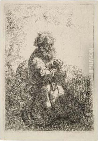 St. Jerome Kneeling In Prayer, Looking Down. Oil Painting by Rembrandt Van Rijn