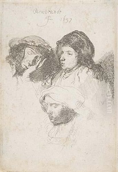 Three Heads Of Women, One Asleep Oil Painting by Rembrandt Van Rijn