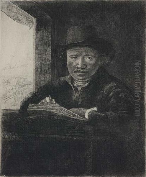 Self Portrait Drawing At A Window Oil Painting by Rembrandt Van Rijn