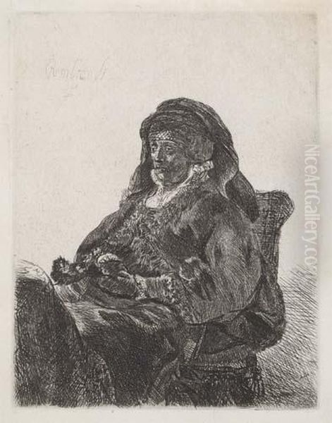 The Artist's Mother Seated, In Widow's Dress And Blackgloves Oil Painting by Rembrandt Van Rijn