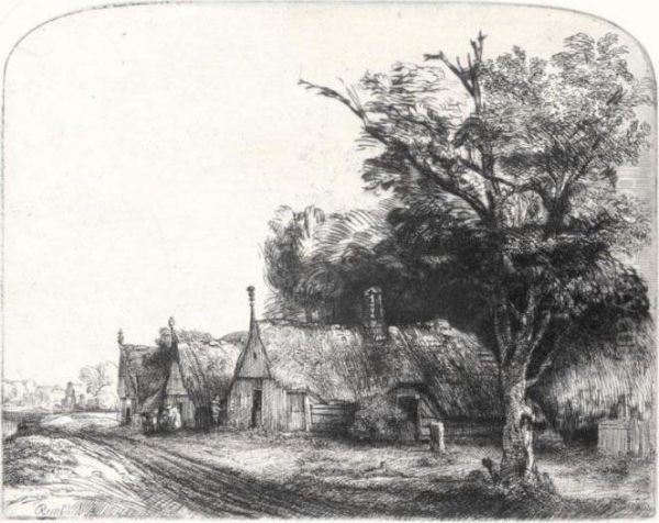 Three Gabled Cottages Beside A 
Road (bartsch, Hollstein 217; Hind 246; Bjorklund & Barnard 50-d) Oil Painting by Rembrandt Van Rijn